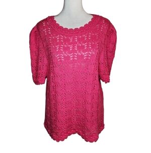 NEW Anthropologie Pink Crochet Scalloped Edge Short Sleeve Sweater 1X